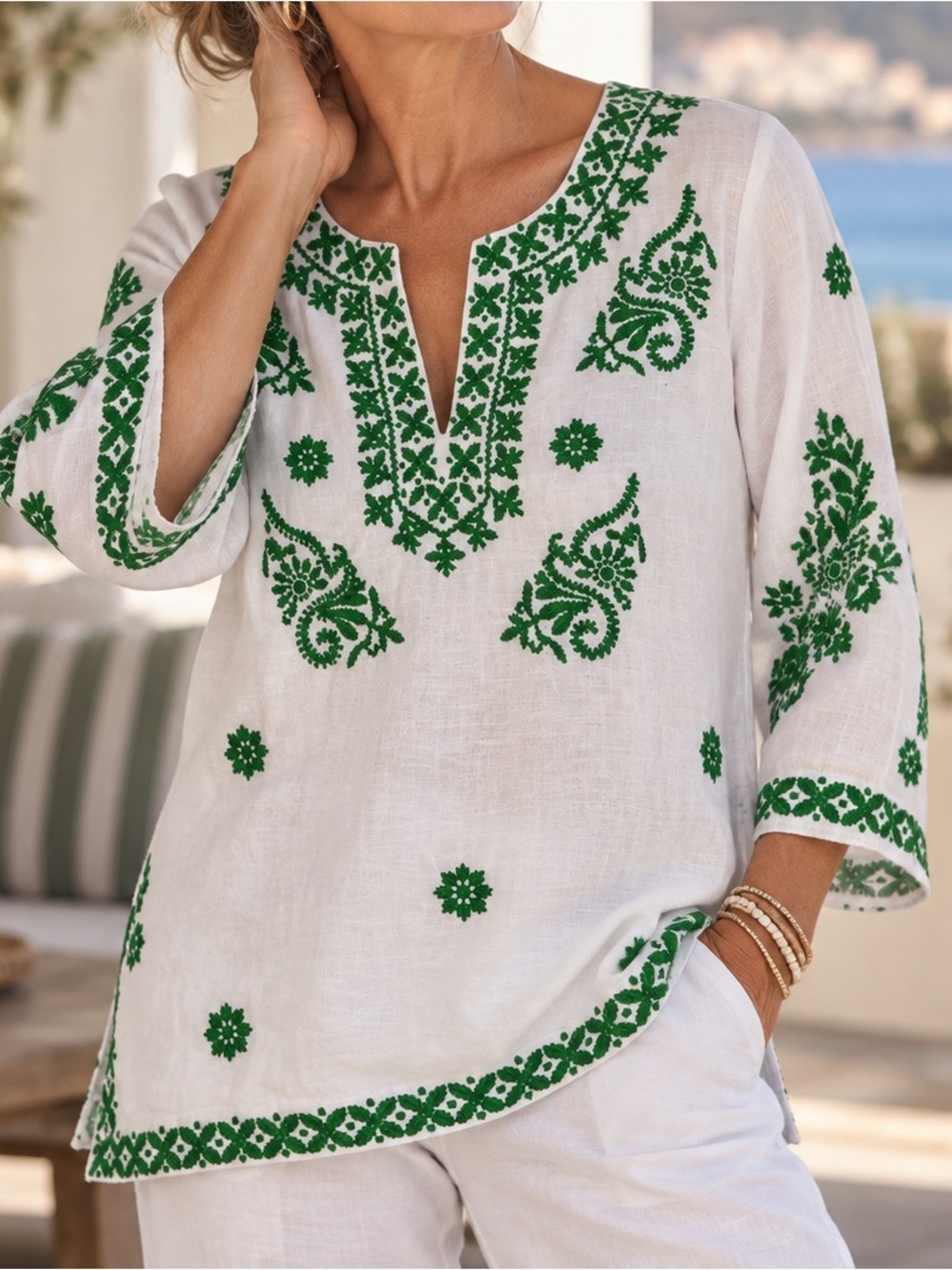 Roller Rabbit S Green Embroidered V Tunic 100% Cotton Coastal Resort Wear Boho